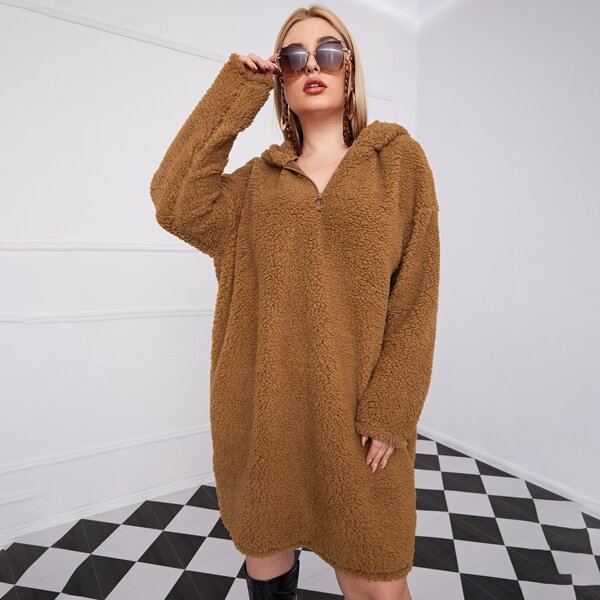 

Plus O-ring Zip Half Placket Hooded Teddy Sweatshirt Dress, Coffee brown