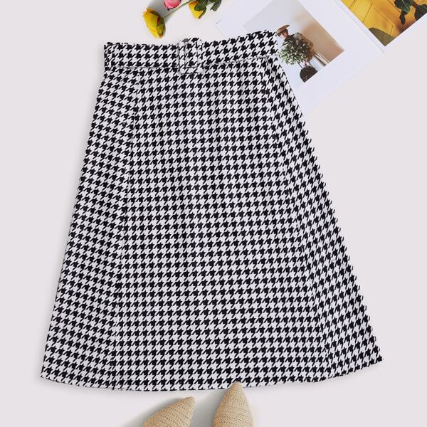 

Houndstooth Print Belted Skirt, Black and white