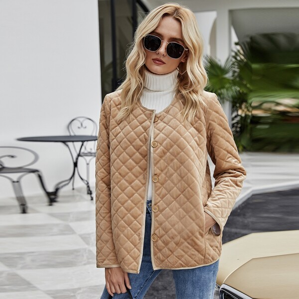 

Solid Round Neck Button Up Quilted Coat, Camel