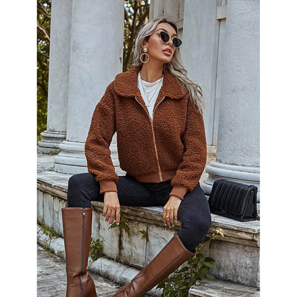 

Zip Up Drop Shoulder Teddy Jacket, Brown