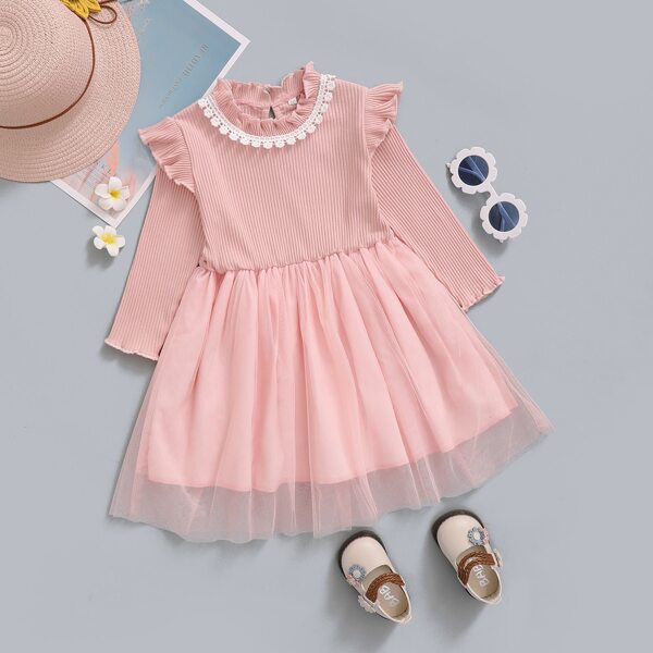 

Baby Girl Frill Neck Lace Trim A-line Dress, Baby pink