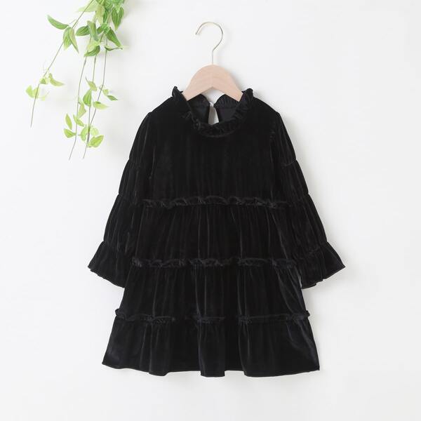 

Toddler Girls Frill Trim Velvet Babydoll Dress, Black