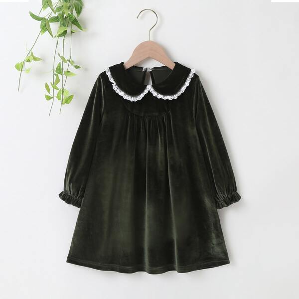 

Toddler Girls Peter Pan Collar Velvet Smock Dress, Dark green
