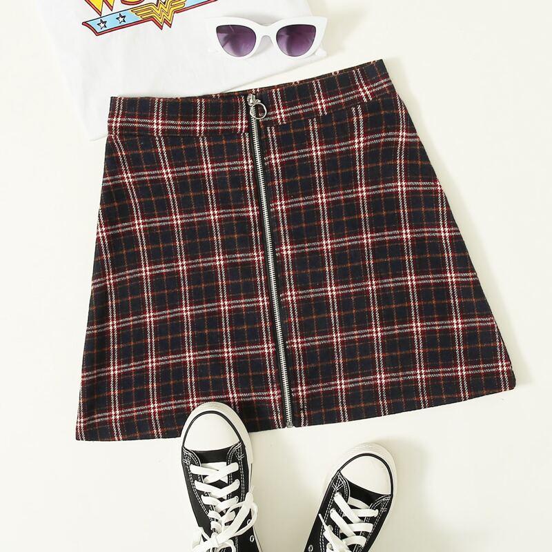 

O-Ring Zip Plaid Skirt, Multicolor