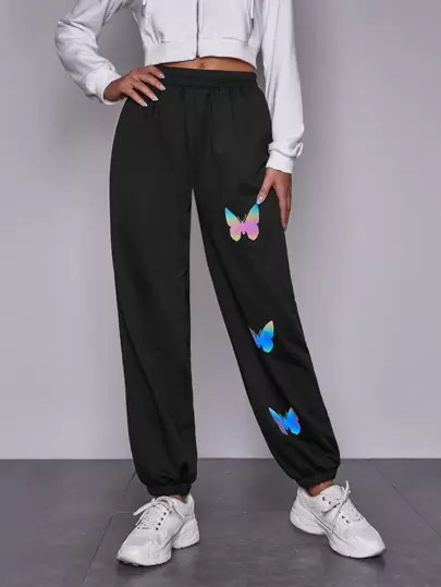 Romwe Womens Sweatpants Butterfly Print Drawstring Elastic Waist Sport Jogger Pants