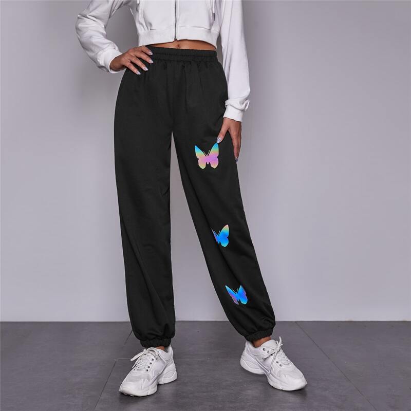 

Butterfly Print Elastic Waist Sweatpants, Black