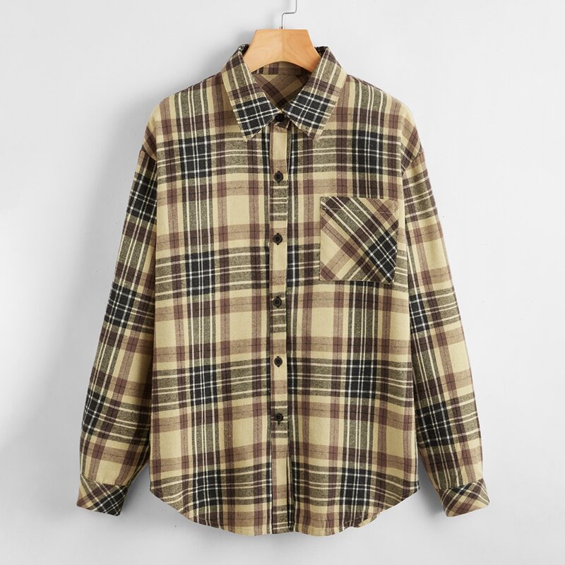 

Tartan Print Button Front Drop Shoulder Blouse, Multicolor