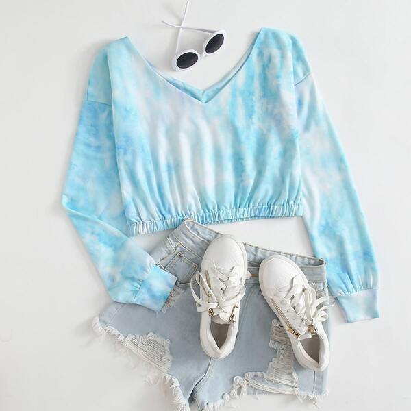 

V-neck Tie Dye Crop Sweatshirt, Mint blue