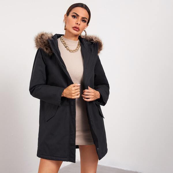 

Contrast Faux Fur Button Up Parka Coat, Black