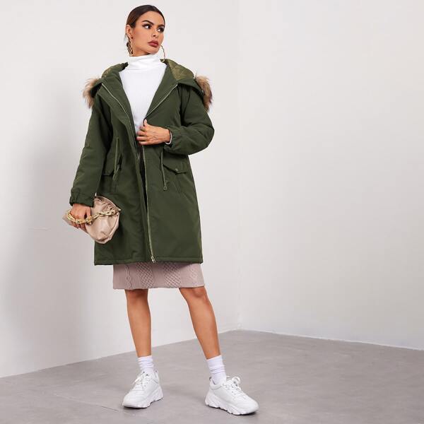 

Raglan Sleeve Drawstring Waist Parka Coat, Army green
