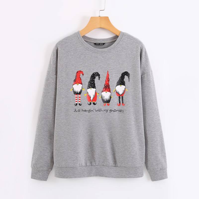 

Christmas & Letter Graphic Drop Shoulder Pullover, Grey