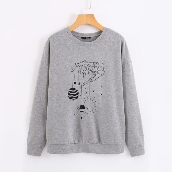 

Drop Shoulder Skeleton Graphic Pullover, Grey
