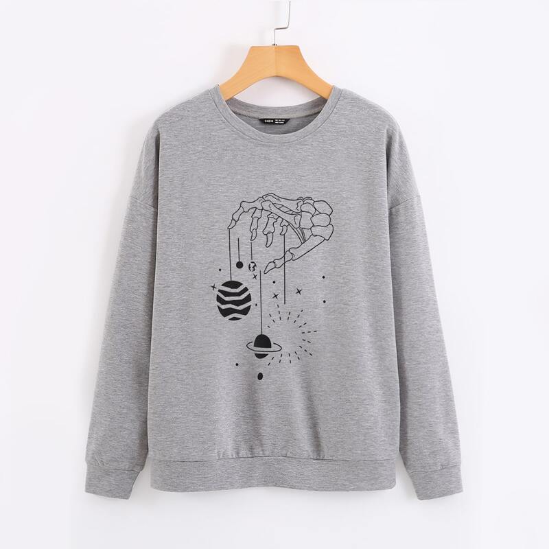 

Drop Shoulder Skeleton Graphic Pullover, Grey