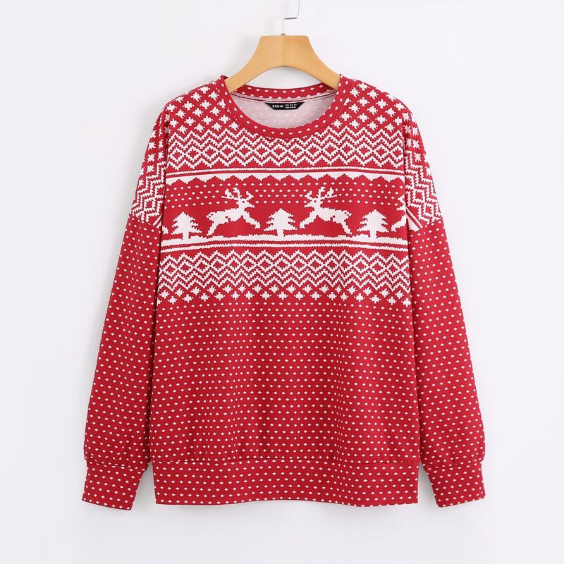 

Drop Shoulder Christmas Print Pullover, Red