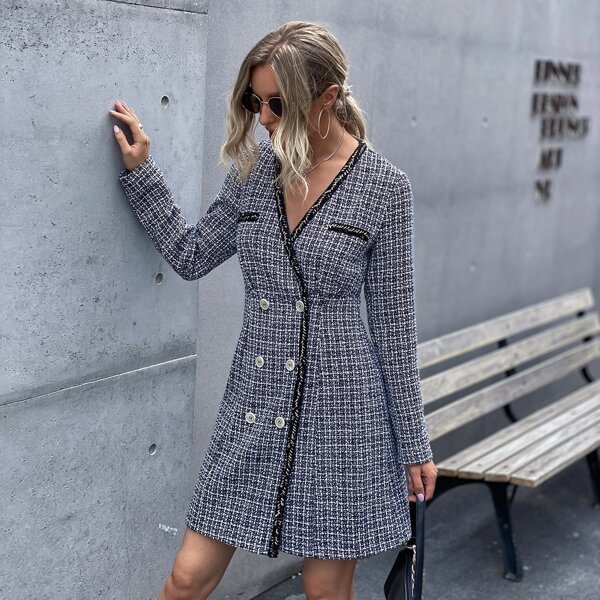 

Double Button Contrast Binding Plaid Tweed Dress, Multicolor