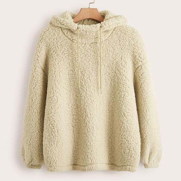 

Plus Drop Shoulder Drawstring Teddy Hoodie, Beige