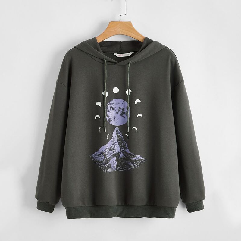 

Moon Graphic Drawstring Hoodie, Dark grey