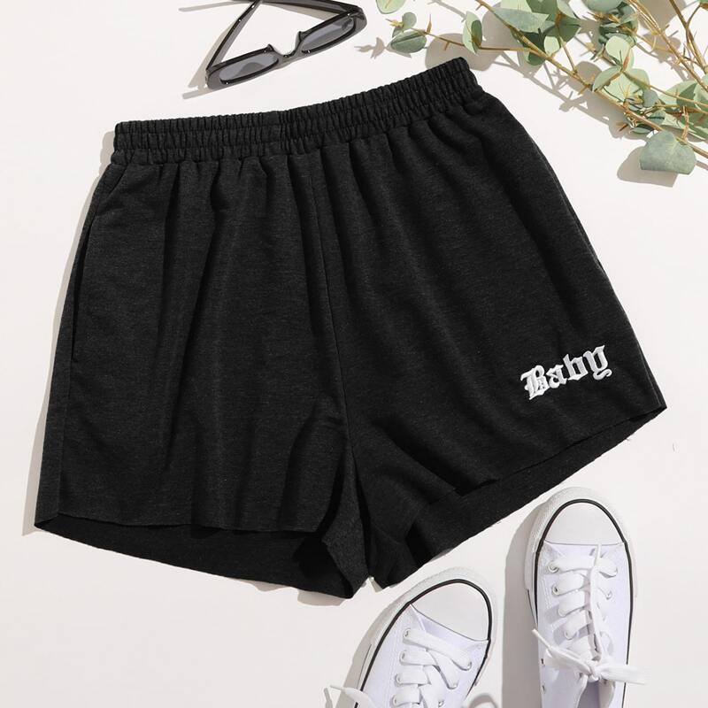 

Letter Embroidery Shorts, Black
