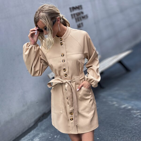 

Button Front Raglan Sleeve Belted Slant Pocket Coat, Apricot