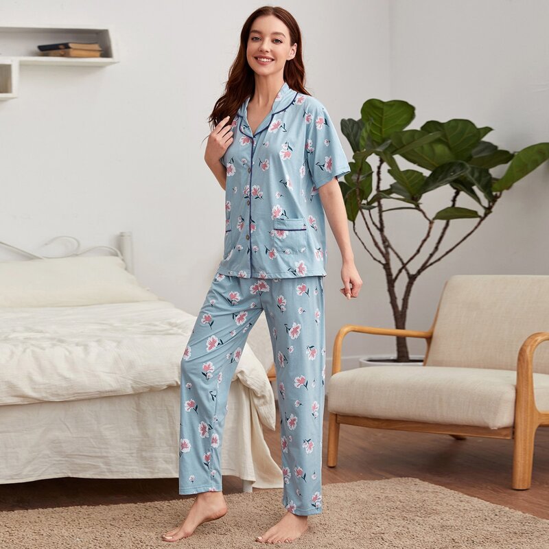 

Floral Print Lapel Neck Dual Pocket PJ Set, Baby blue