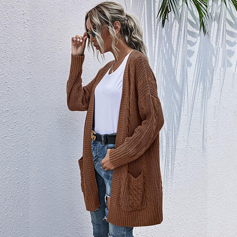 

Pocket Patched Cable Knit Cardigan, Brown