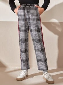 SHEIN Boys Contrast Striped Tape Houndstooth Trousers - Black and White - View 1