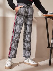 SHEIN Boys Contrast Striped Tape Houndstooth Trousers - Black and White - View 3