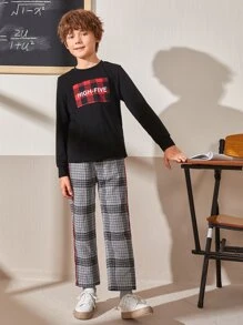 SHEIN Boys Contrast Striped Tape Houndstooth Trousers - Black and White - View 4