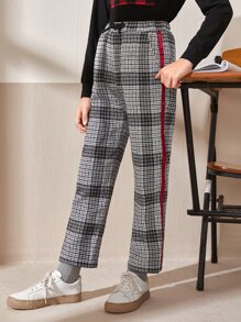 SHEIN Boys Contrast Striped Tape Houndstooth Trousers - Black and White - View 5