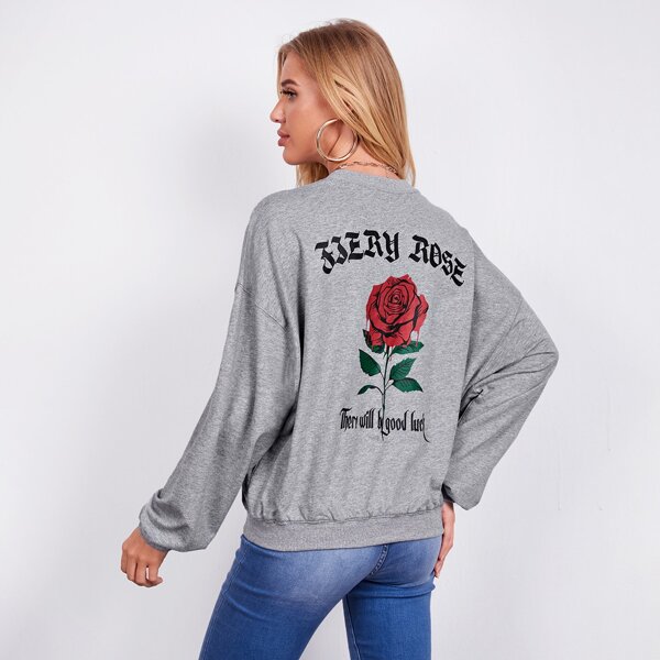 

Drop Shoulder Floral & Letter Graphic Pullover, Grey