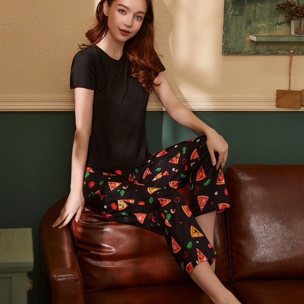

Pizza Print Short Sleeve Pajama Set, Black