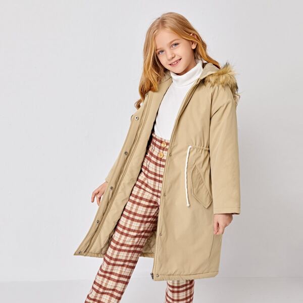 

Girls Fuzzy Hooded Drawstring Waist Parka Coat, Khaki