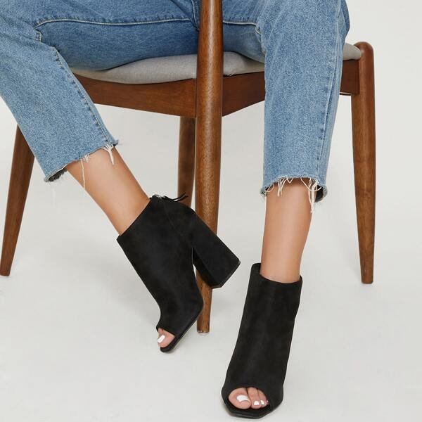

Faux Suede Peep-Toe Block Heel Booties, Black