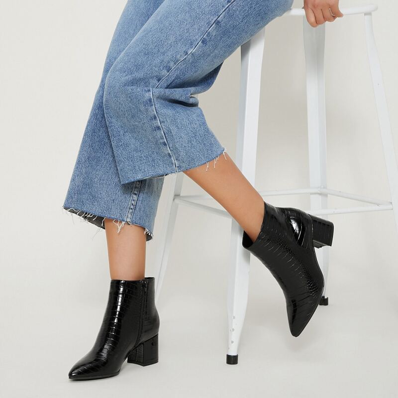 

Faux Croc Leather Zippered Ankle Boots, Black