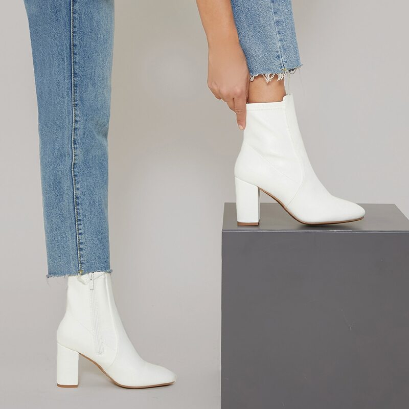 

Vegan Leather High Block Heel Boots, White