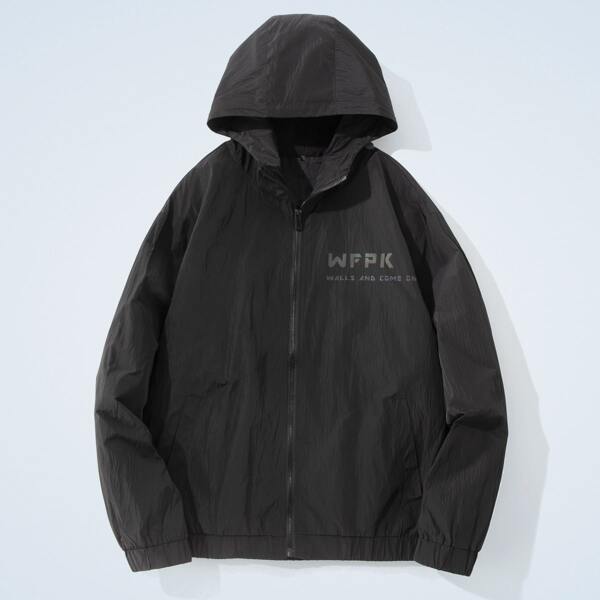 

Men Letter Graphic Hooded Windbreaker Jacket, Black