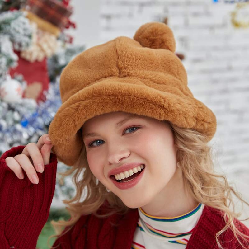 

Bear Ear Fluffy Bucket Hat, Brown