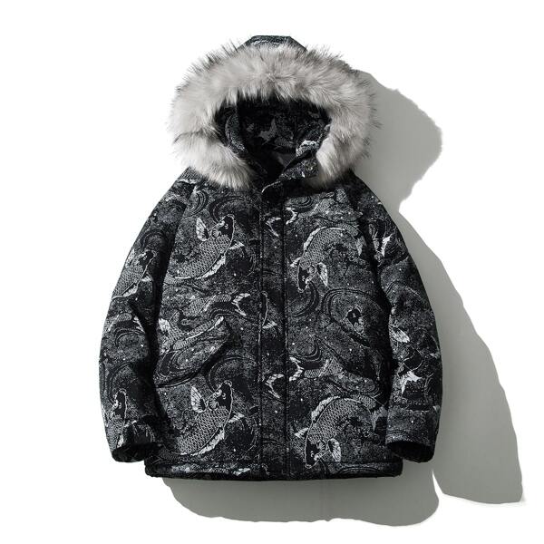 

Men Fish Print Contrast Faux Fur Hooded Coat, Black