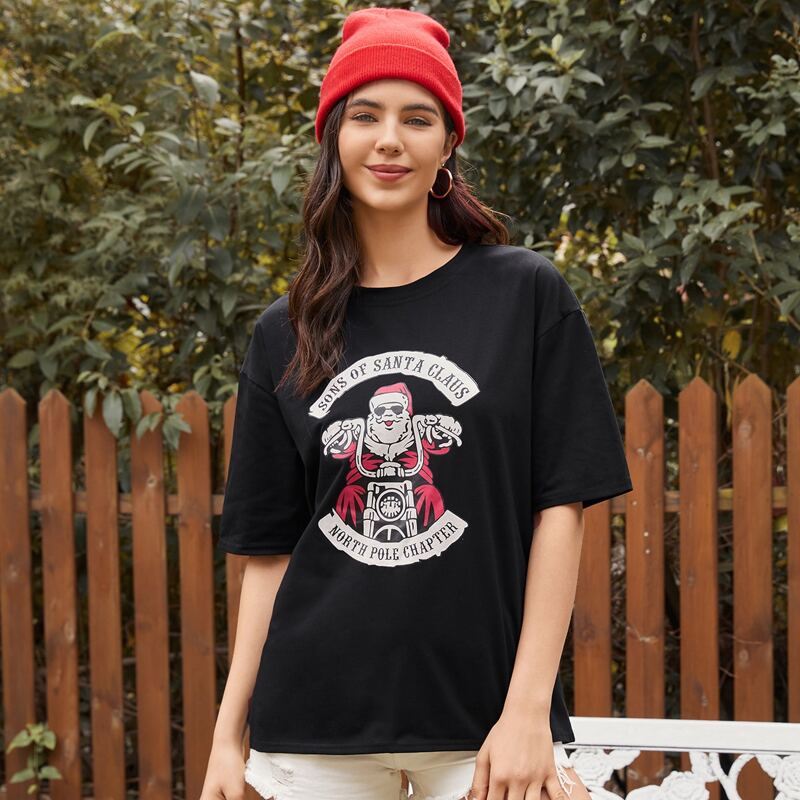 

Christmas Santa Claus & Slogan Graphic Tee, Black