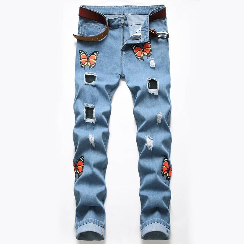 

Guys Butterfly Ripped Jeans, Light wash