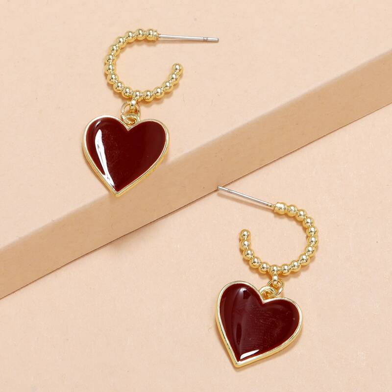 

Beaded Heart Drop Earrings, Red