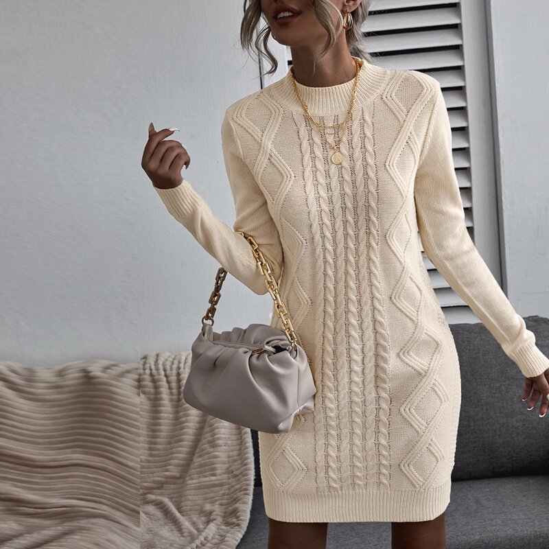 

Cable Knit Solid Sweater Dress, Beige