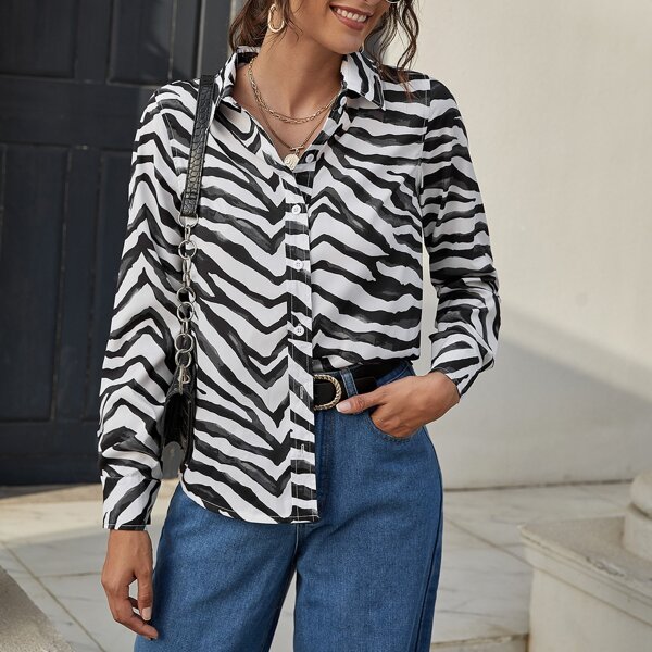 

Zebra Striped Buttoned Blouse, Black and white