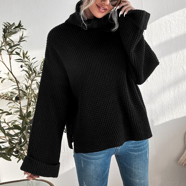 

Waffle Knit High Neck Solid Sweater, Black
