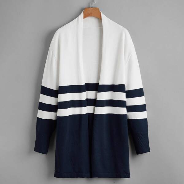

Plus Drop Shoulder Striped Cardigan, Blue and white
