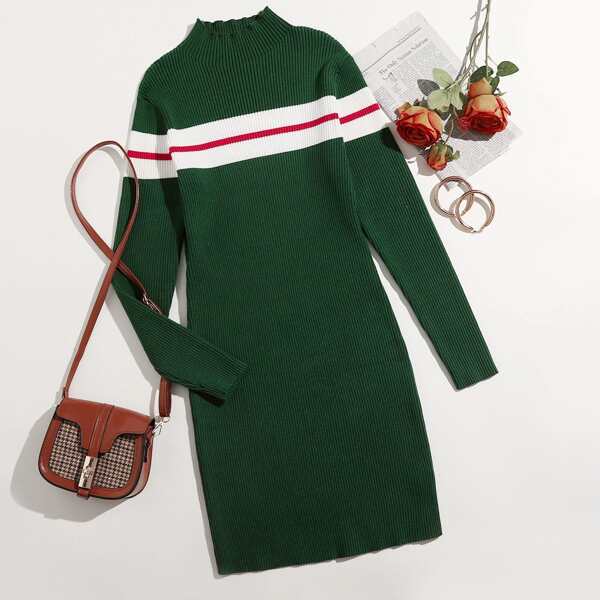 

Plus Striped Rib-knit Sweater Dress, Dark green