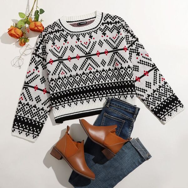 

Plus Drop Shoulder Graphic Pattern Sweater, Multicolor