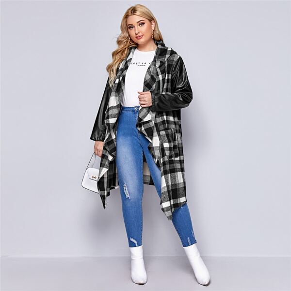 

Plus Draped Detail PU Mixed Media Hooded Plaid Coat, Black and white