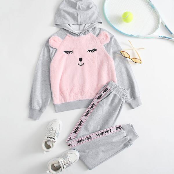 

Girls Cartoon Embroidery Mixed Media Hoodie & Taped Side Sweatpants Set, Multicolor