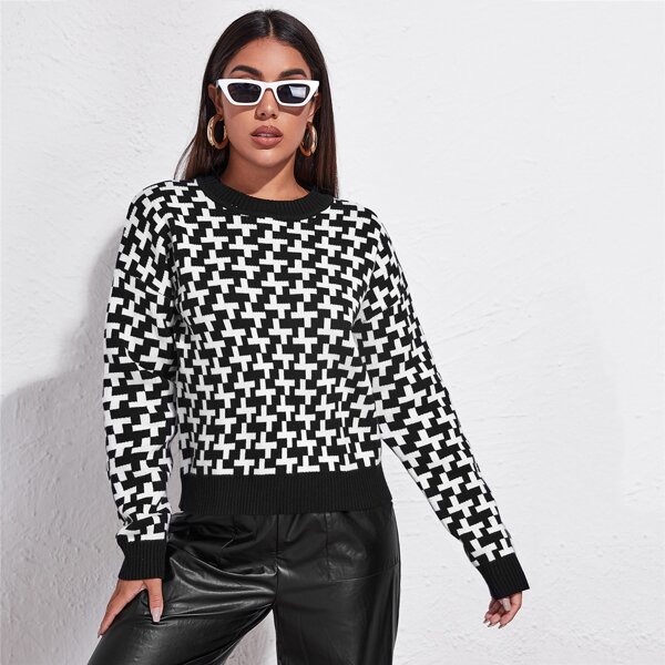 

Drop Shoulder Geo Pattern Sweater, Black and white